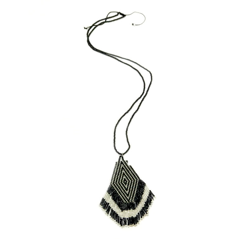Ladies Seed bead pendant necklace - black and silver with tassel fringe