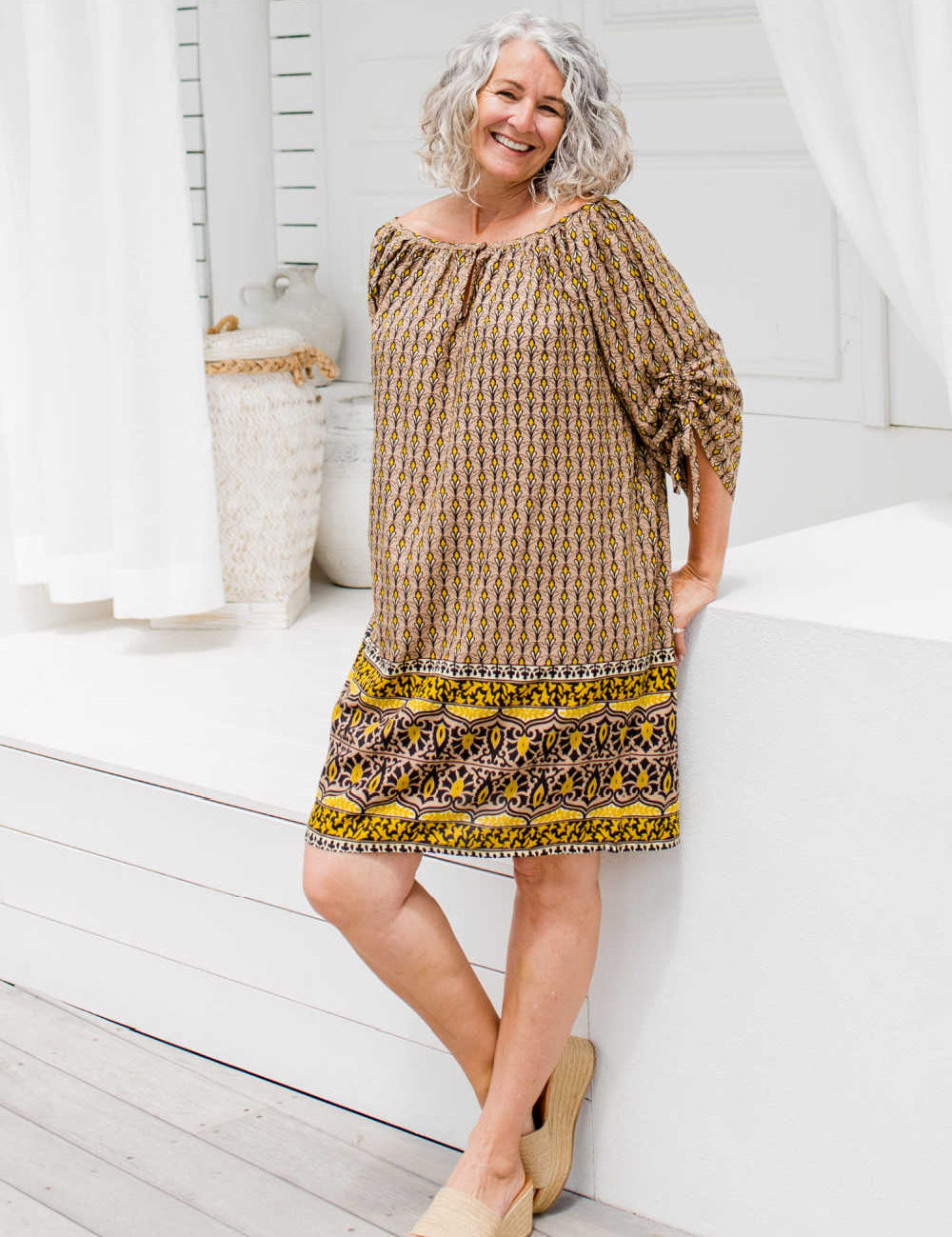 short-summer-dress-border-design-brown-mustard