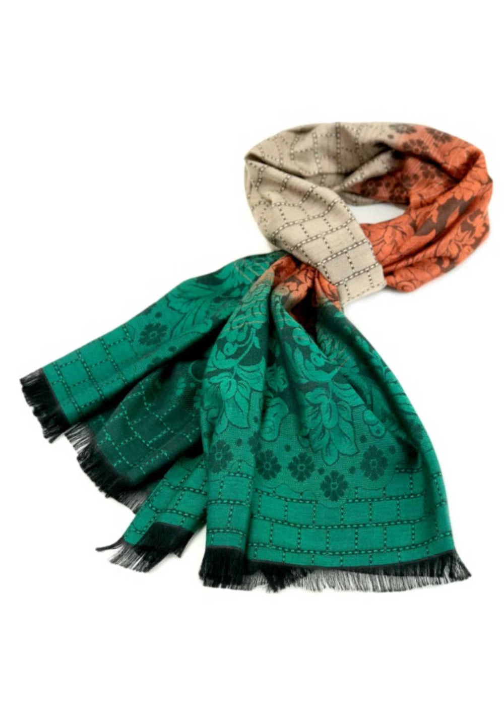 thai-silk-shawl-wrap-floral-emerald-green-copper-orange-latte-brown