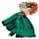 thai-silk-shawl-wrap-floral-emerald-green-copper-orange-latte-brown
