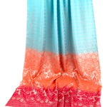 Thai silk scarf - floral design - sky blue peach red 