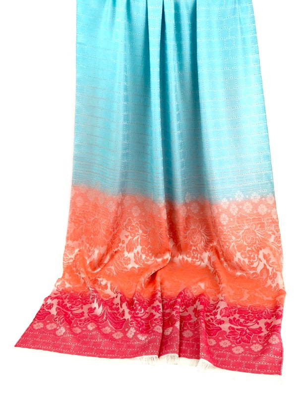 Thai silk scarf - floral design - sky blue peach red 