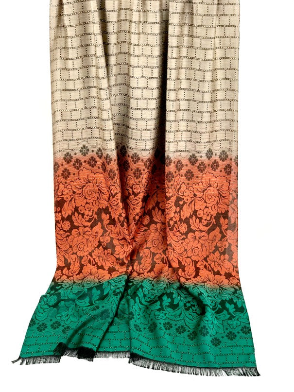 Thai silk scarf - floral design - emerald green orange latte 