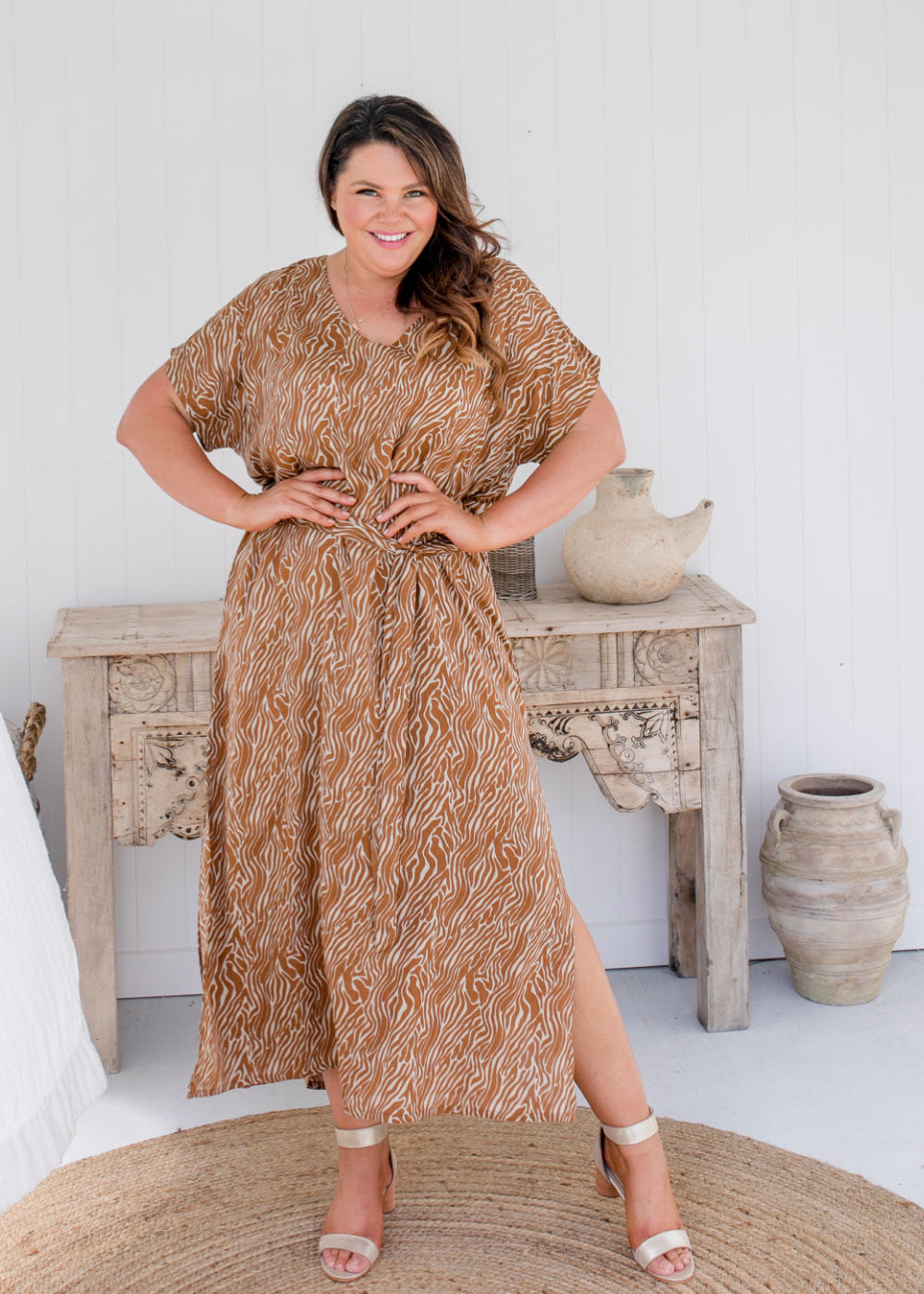    womens-long-kaftan-resort-dress-zebra-caramel-cream