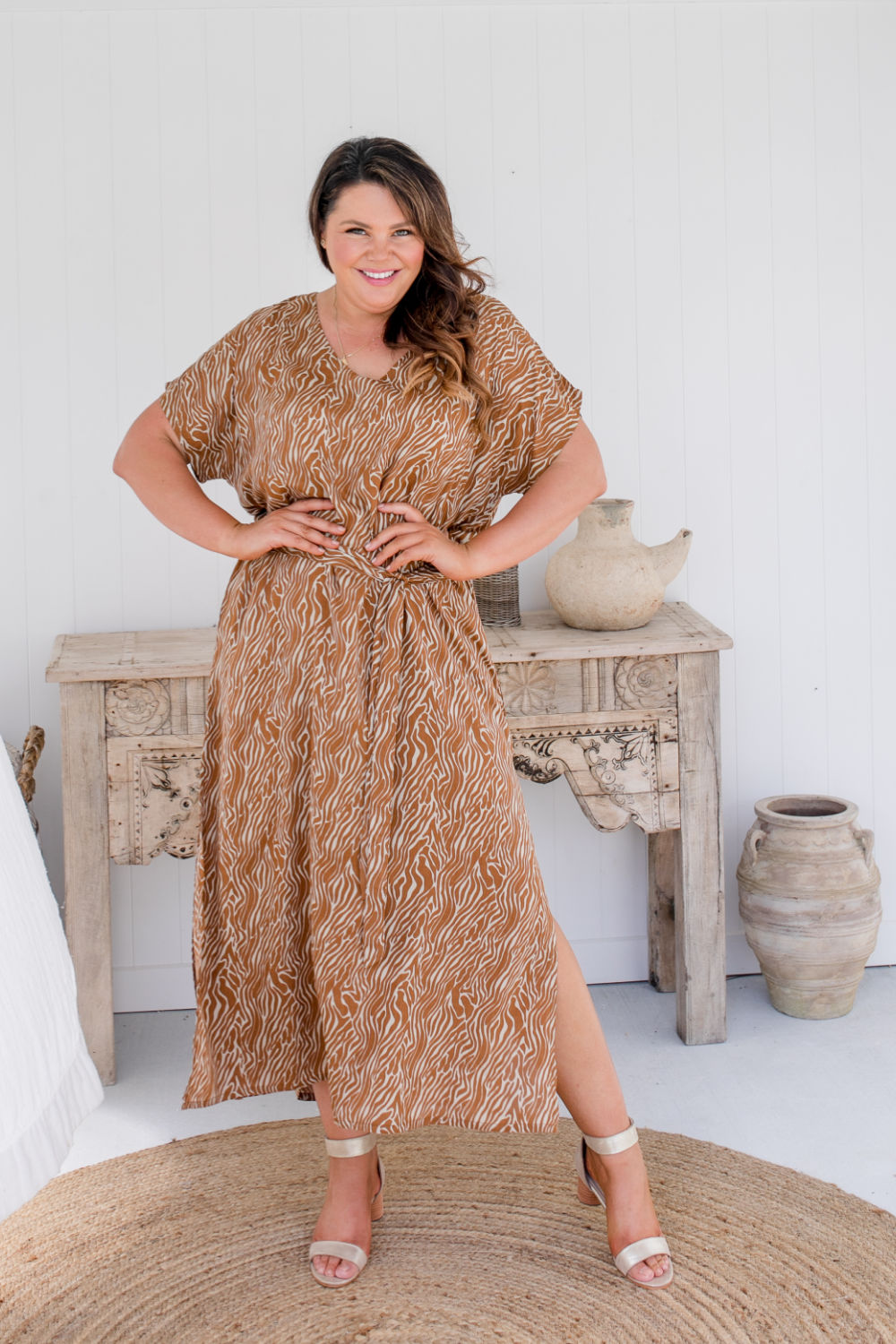    womens-long-kaftan-resort-dress-zebra-caramel-cream